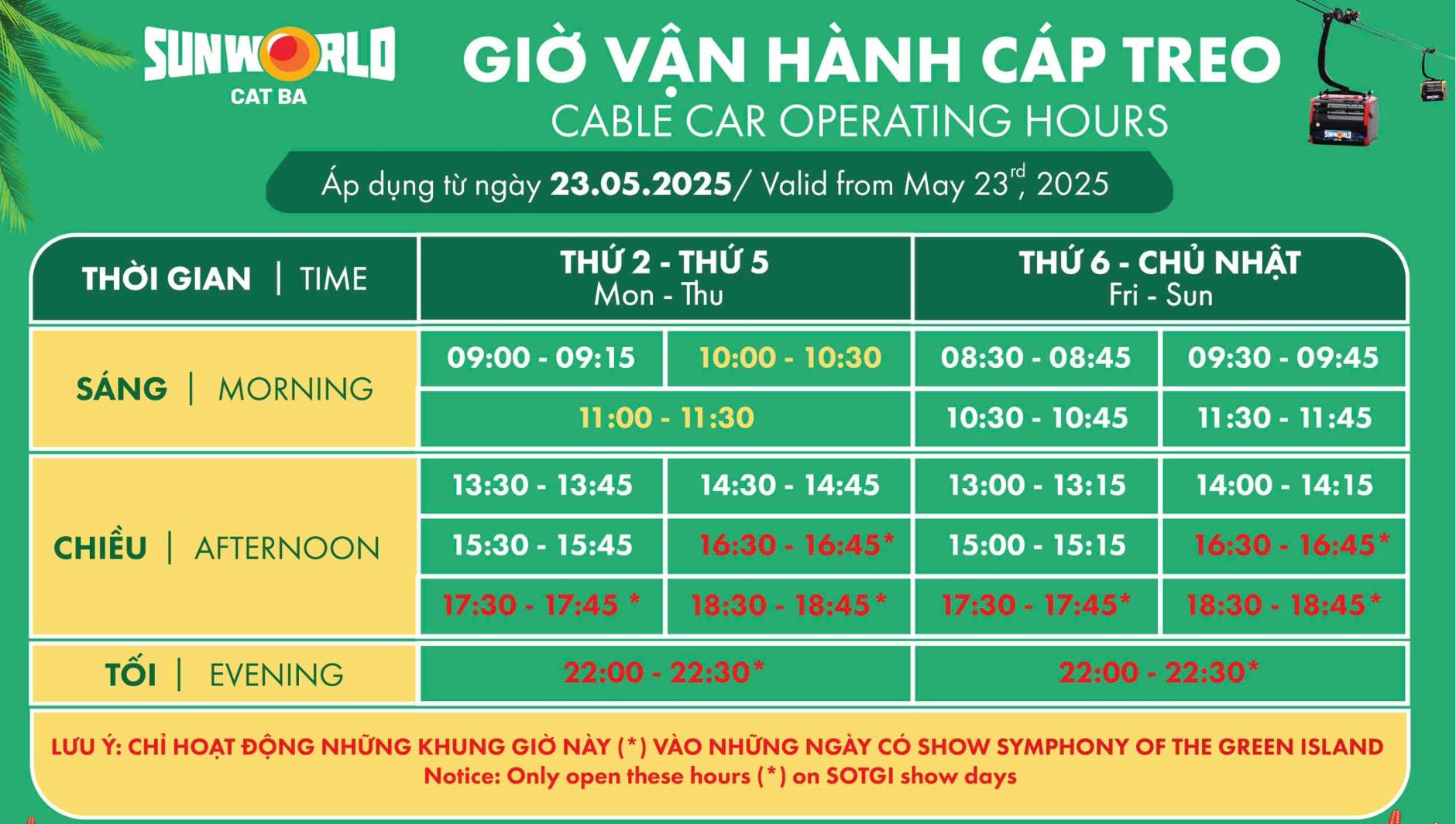 Lịch cáp treo Cát Bà (cập nhật từ 25/5/2025)